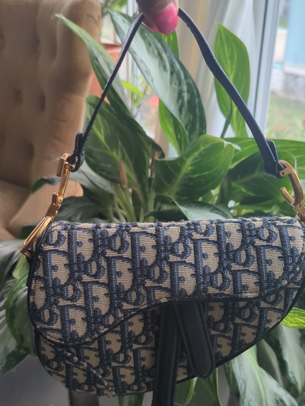 Classic Saddle Bag in Navy & Beige with Gold Hardware